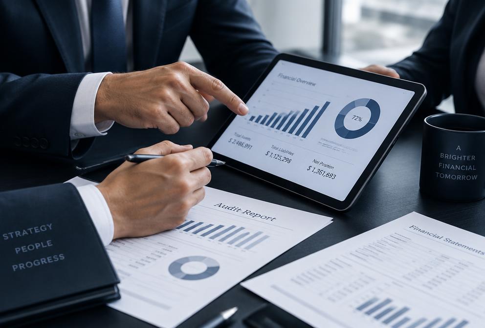 Análisis de reportes financieros y auditoría en tablet y documentos