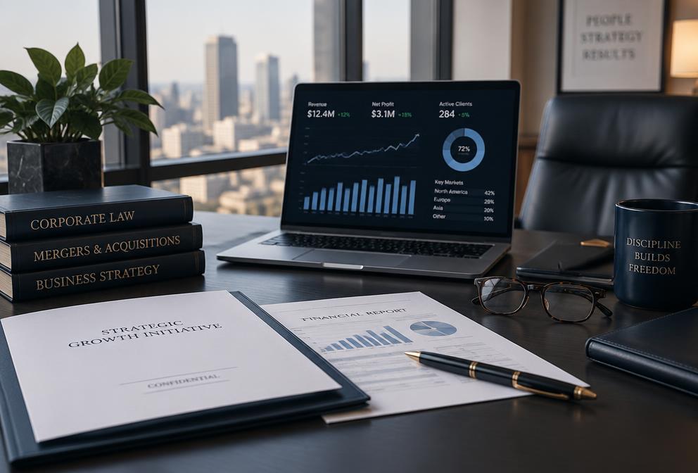 Escritorio ejecutivo con documentos legales, estratégicos y dashboard financiero